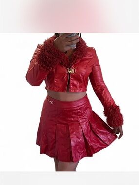 Red Faux Leather Two-Piece Set with Fur Trim
